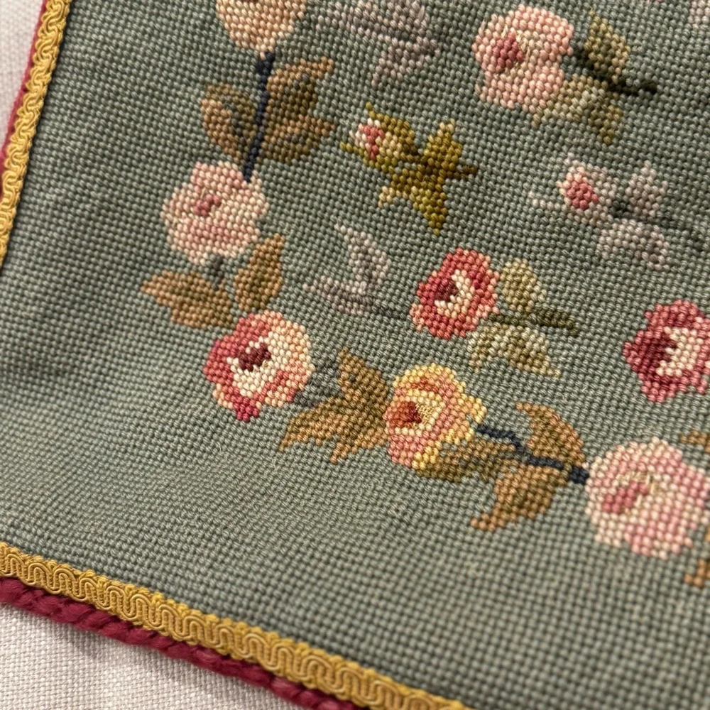1Hand Crafted Vintage  Rose Floral In Scroll Needlepoint Pillow Cover